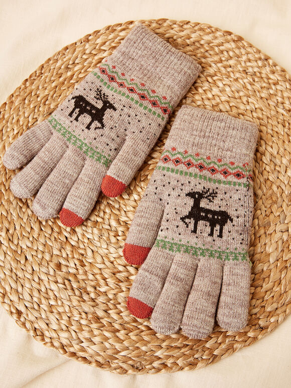 Reindeer Fair Isle Knitted Gloves, Grey, large