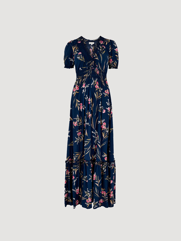 Watercolour Floral Smocked Maxi Dress, Navy, large