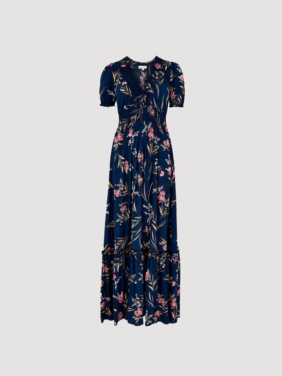 Watercolour Floral Smocked Maxi Dress, Navy, large