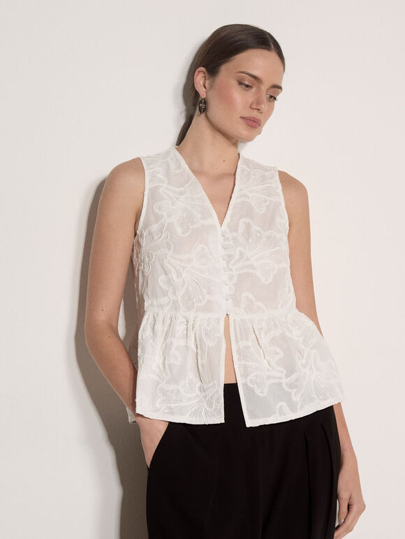 Floral Embroidered Cotton Peplum Top, White, large