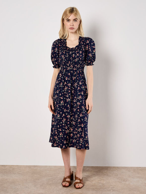 Ditsy Floral Milkmaid Midi Dress, Navy, large