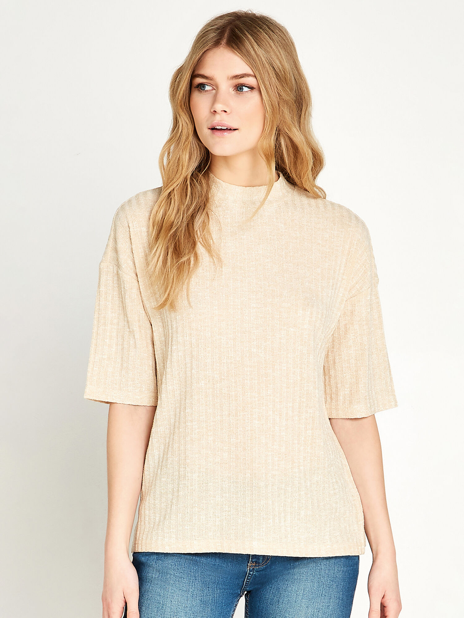 Soft Marl Mock Neck High Low Top Apricot Clothing