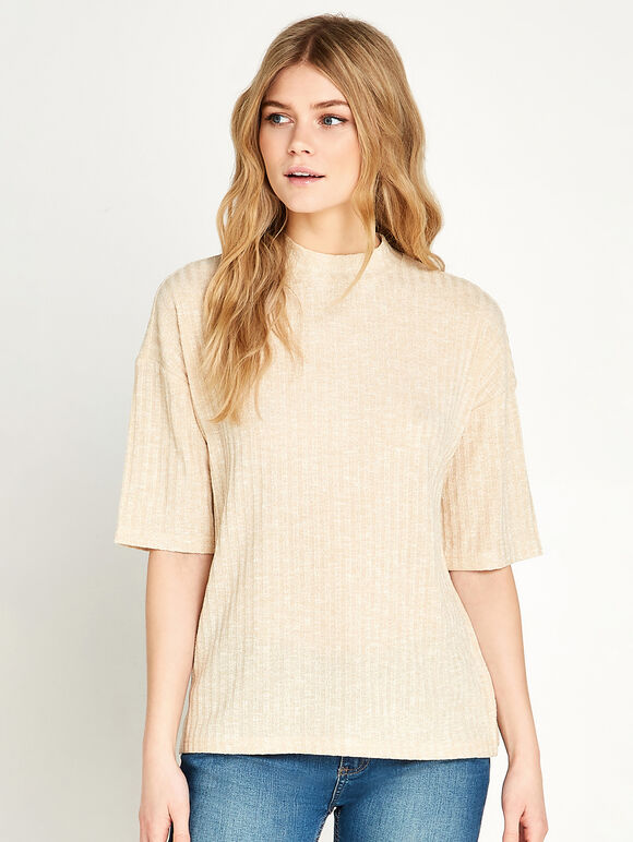 Soft Marl Mock Neck High Low Top, Stone, large