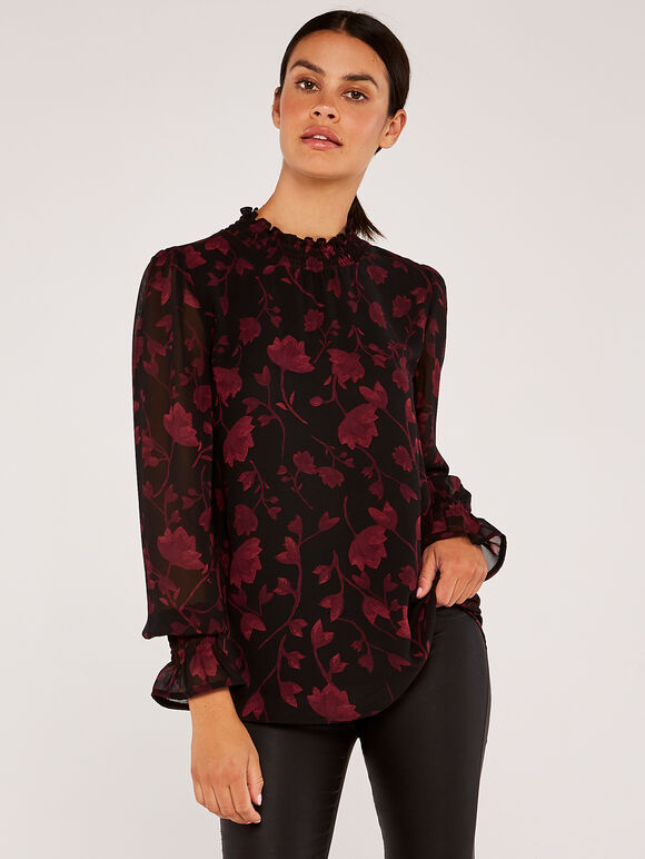 Silhouette Branches Chiffon Top, Black, large