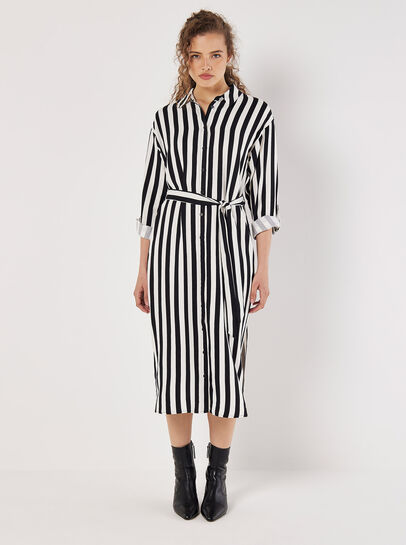 Monochrome Stripe Shirt Midi Dress
