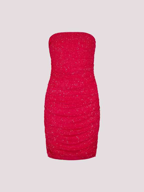 Sparkle Mesh Bandeau Mini Dress, Red, large