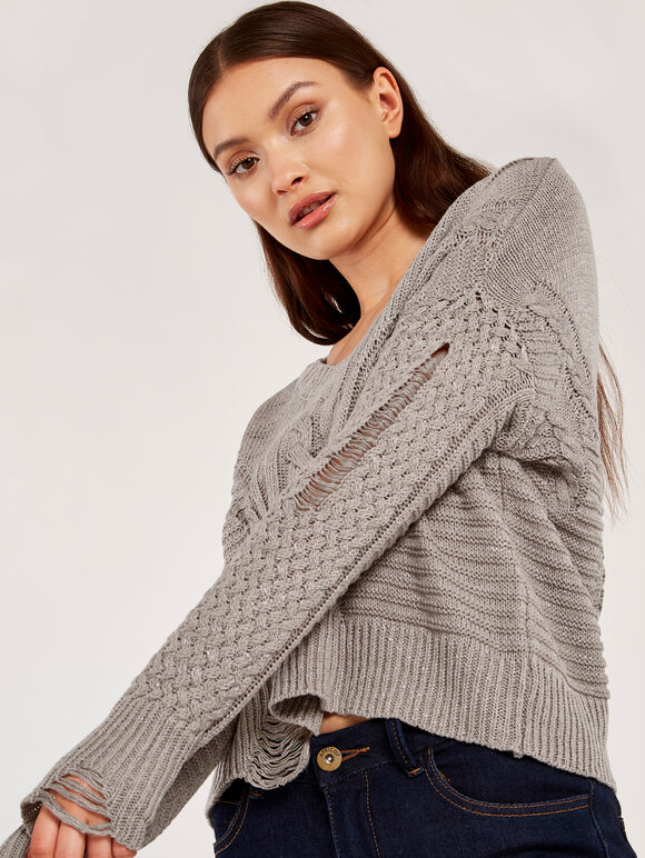 Aran And Mixed Knit Crop Top, Grey, large