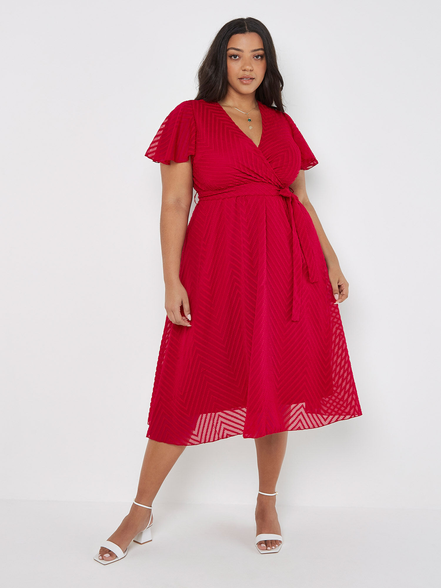 Curve Jacquard Chevron Wrap Midi Dress Apricot Clothing