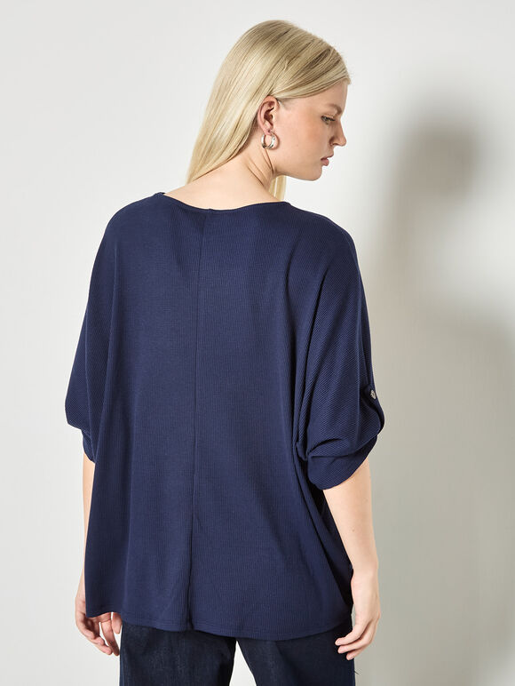 Waffle Knit Button Detail Top, Navy, large