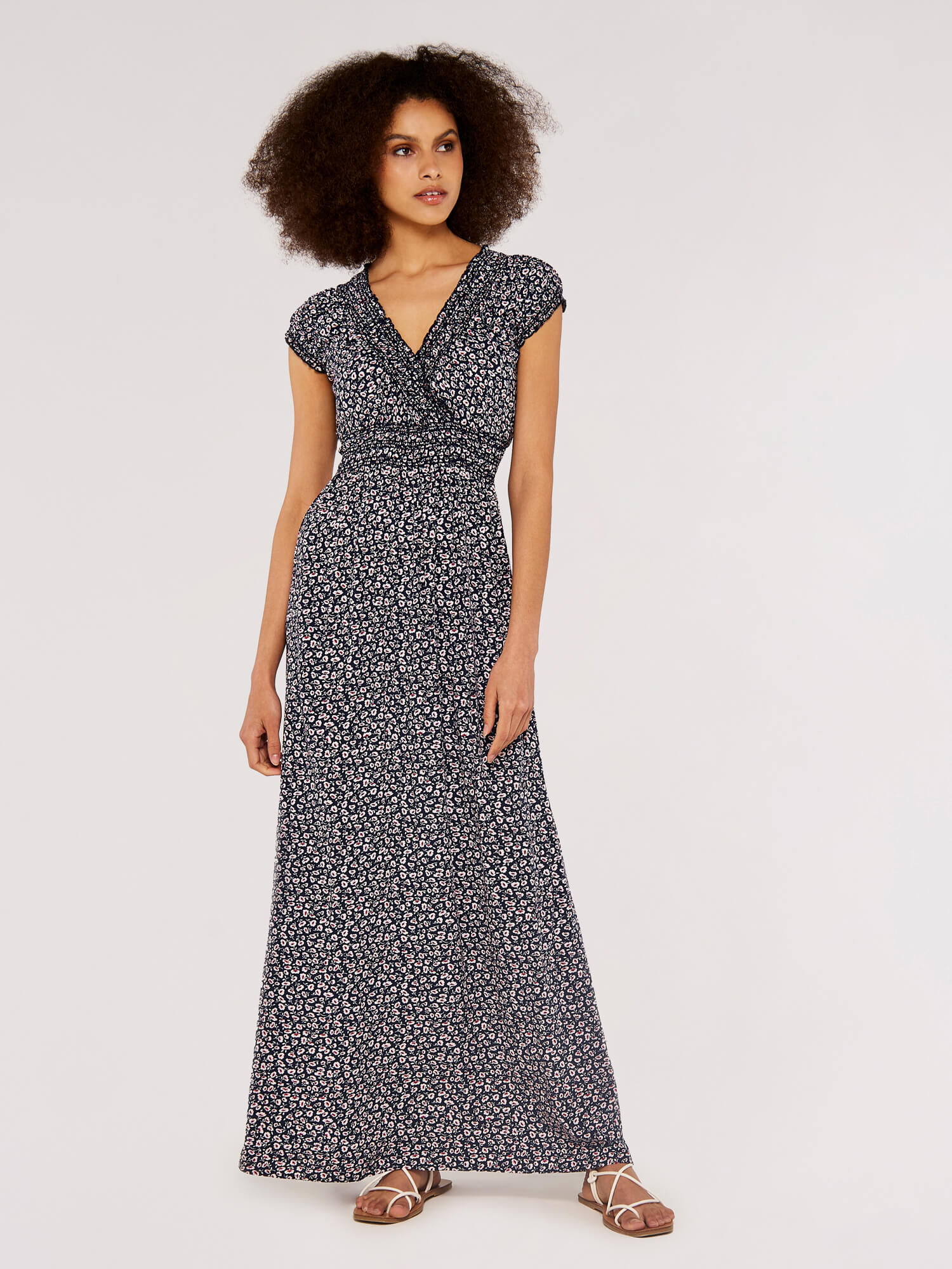 Ditsy Smock Maxi Dress Apricot Clothing