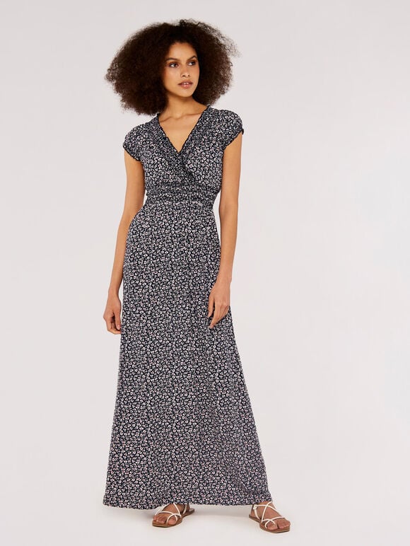Ditsy Smock Maxi Dress, Navy, large