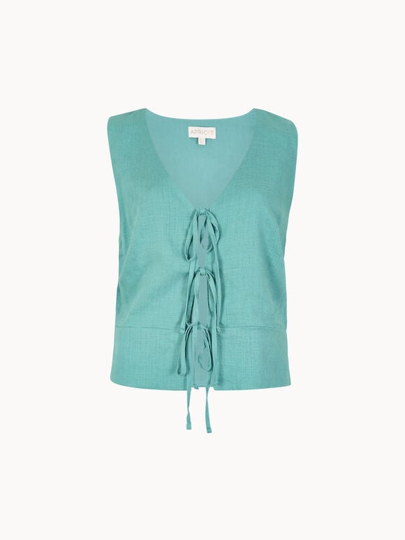 Tie Front Linen Waistcoat, Aqua - Turquoise, large