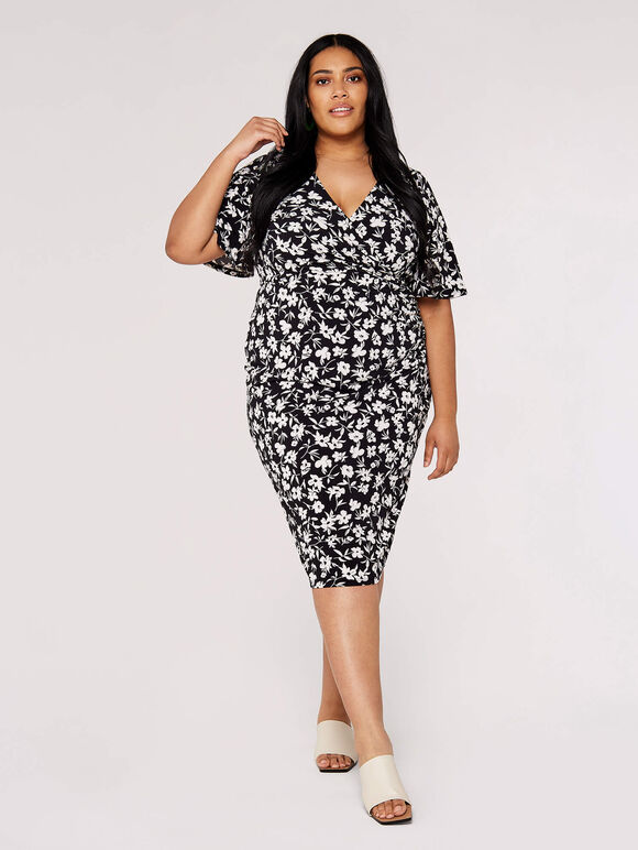 Curve Floral Ruched Midi Dress, Black, large