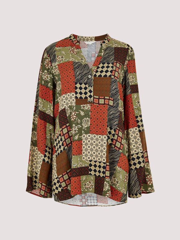 Geometric Patchwork Top, Khaki, large