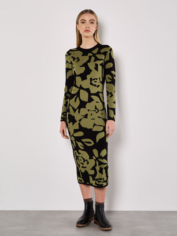 Abstract Flower Knitted Midaxi Dress, Black, large