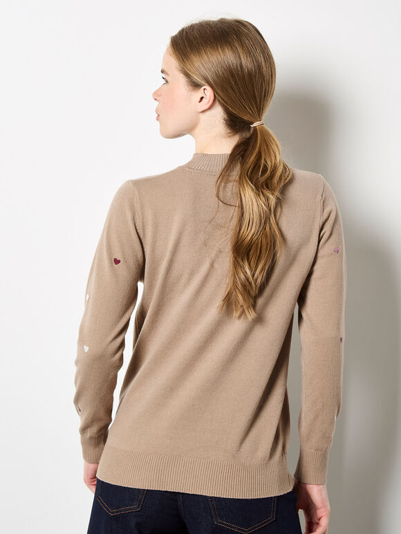 Embroidered Hearts Fine Knit Jumper, Stone, large
