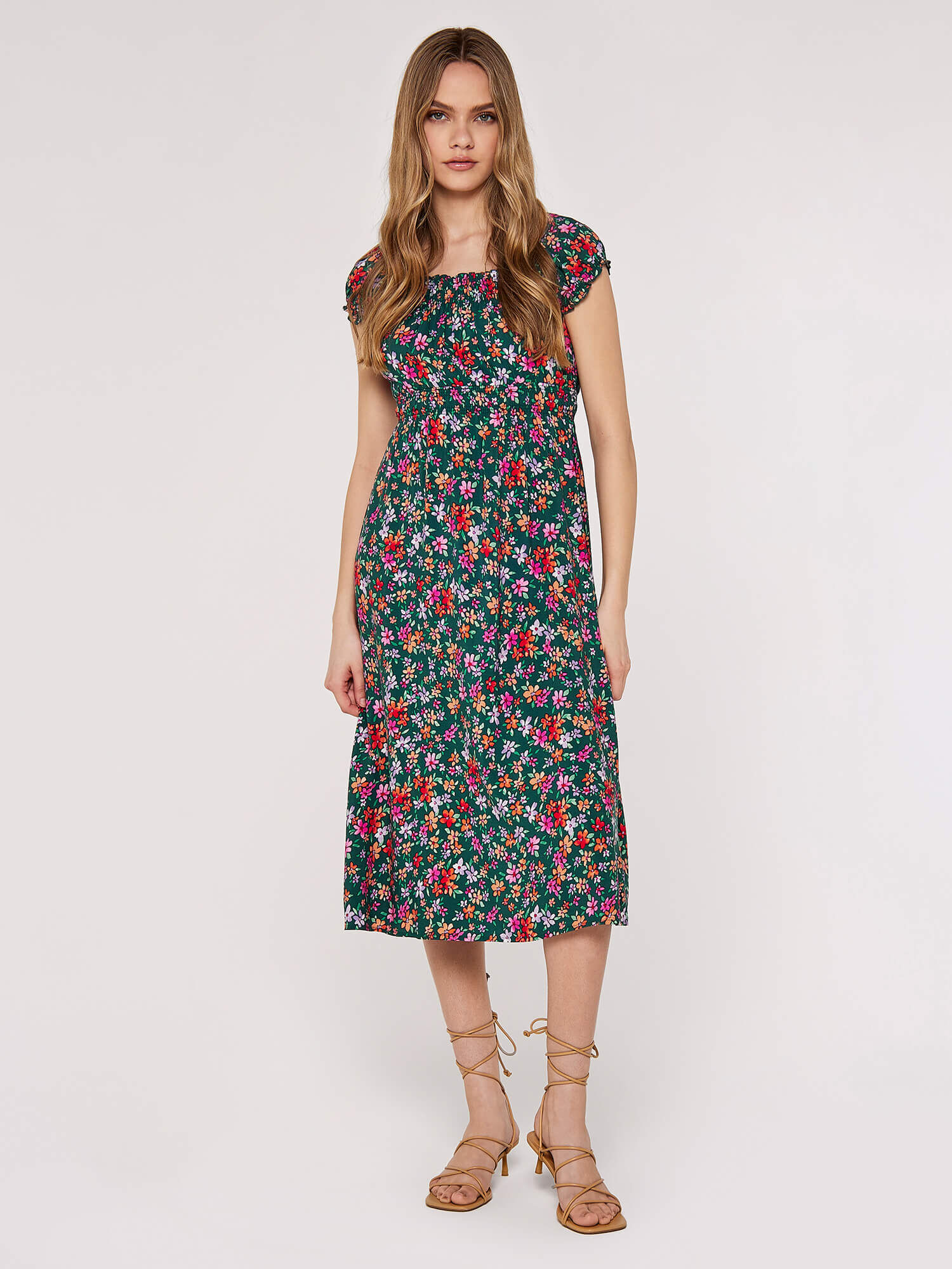 Ditsy Milkmaid Midi Dress Apricot Clothing
