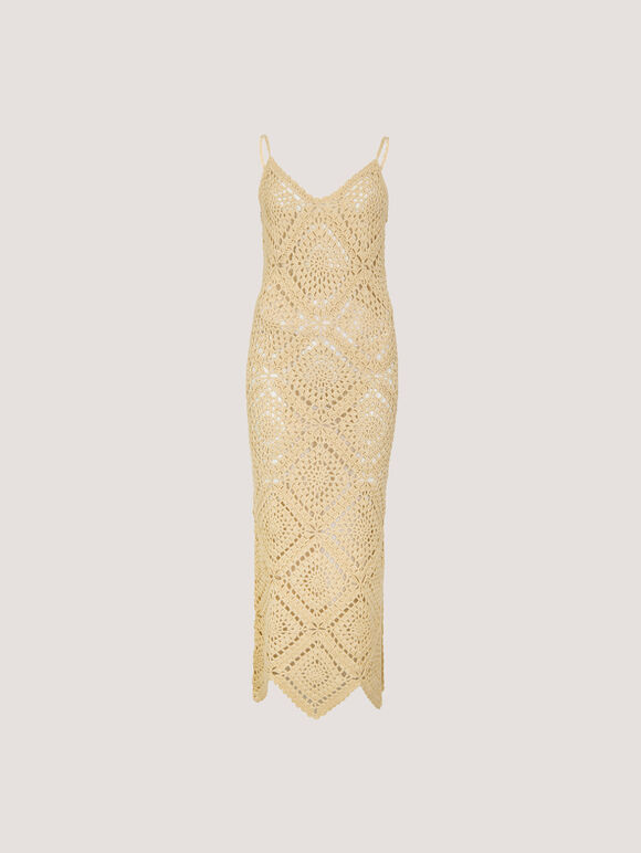 Hand-Knit Crochet Midi Dress, Stone, large