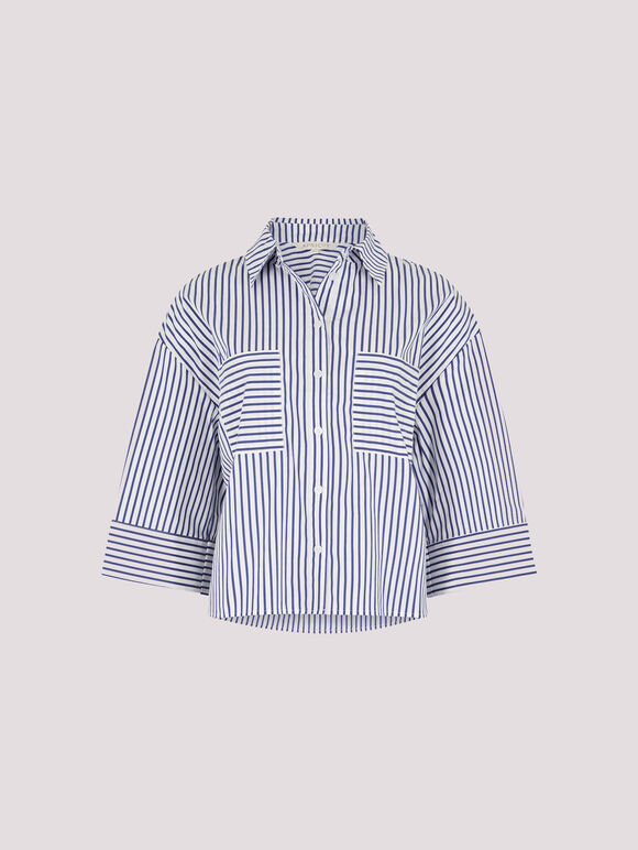 Cotton Blend Cropped Stripe Shirt, White, large