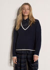 Cable Knit Tipped Cricket Jumper, Navy, large