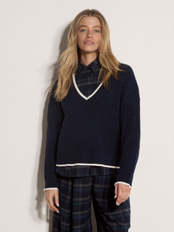 Cable Knit Tipped Cricket Jumper, Navy, large