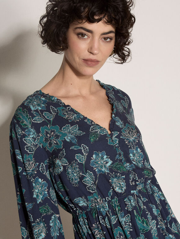 Folk Floral Mini Dress, Navy, large