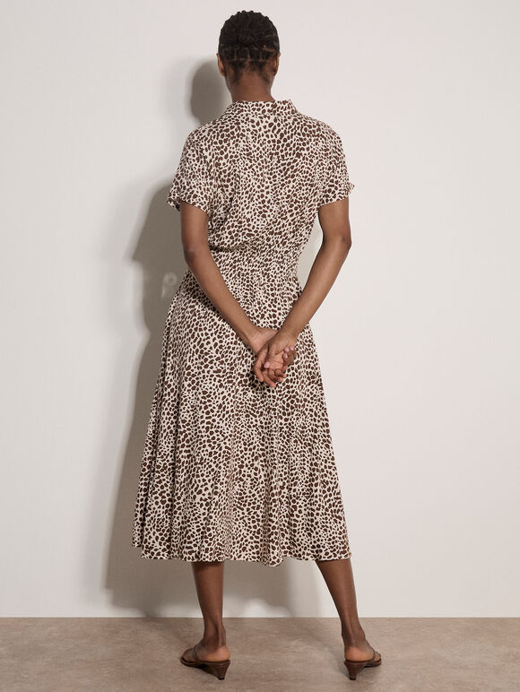 Animal Spot Print Shirt Midi Dress, Brown, large