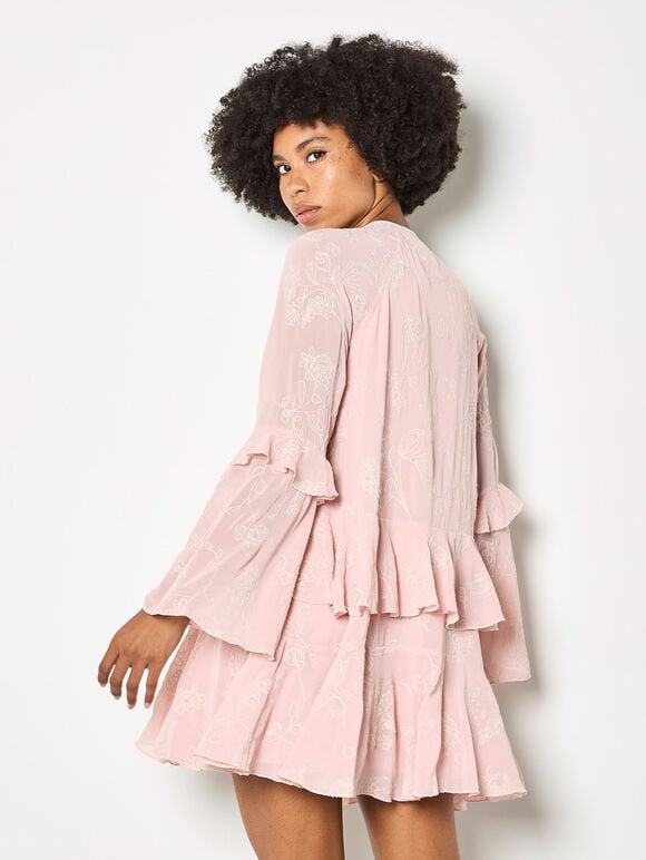 Chiffon Floral Embroidered Mini Dress, Pink, large