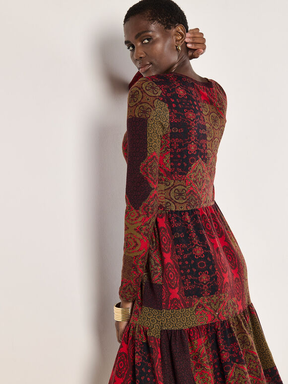 Folk Patchwork Jersey Knit Mini Dress, Red, large