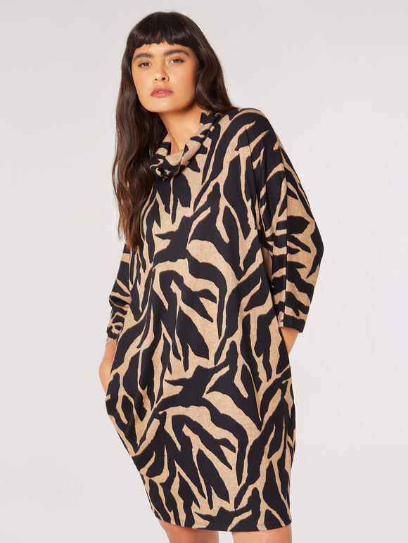 Zebra Roll Neck Cocoon Mini Dress, Stone, large