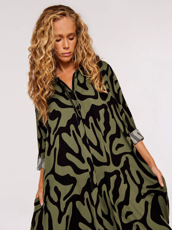 Swirl Print High-Low Mini Dress, Khaki, large