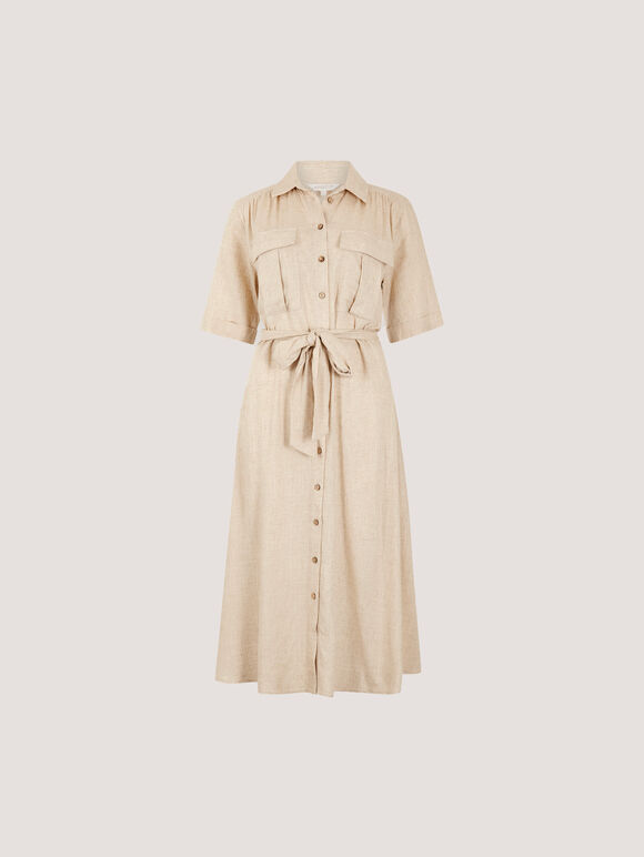 Linen Blend Utility Shirt Midi Dress, Stone, large
