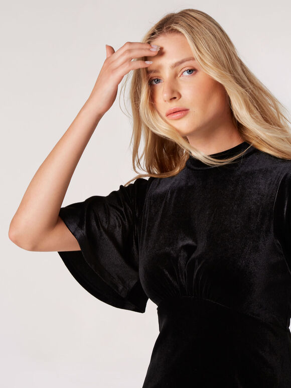 Fit And Flare Velvet Mini Dress, Black, large