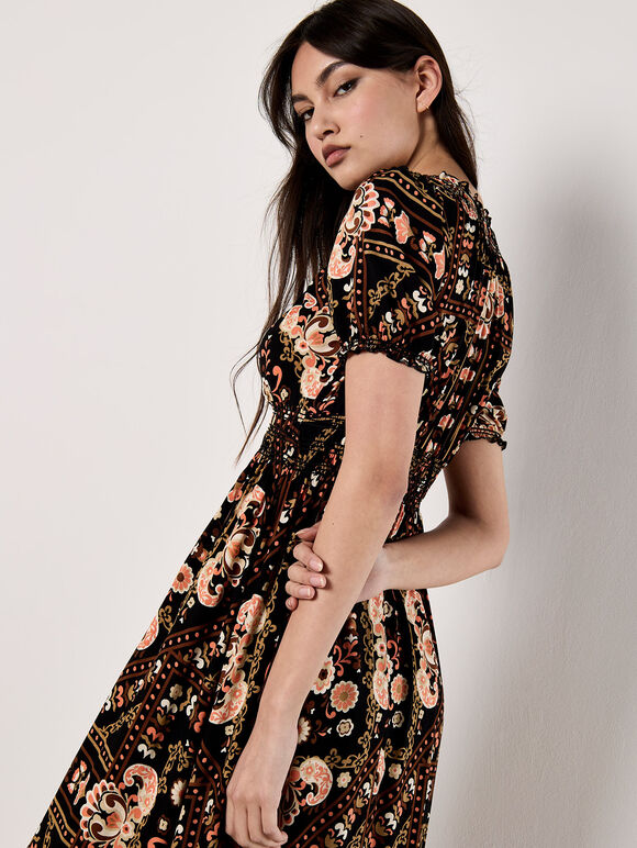 Scarf Print Smocked Maxi Dress, Black, large