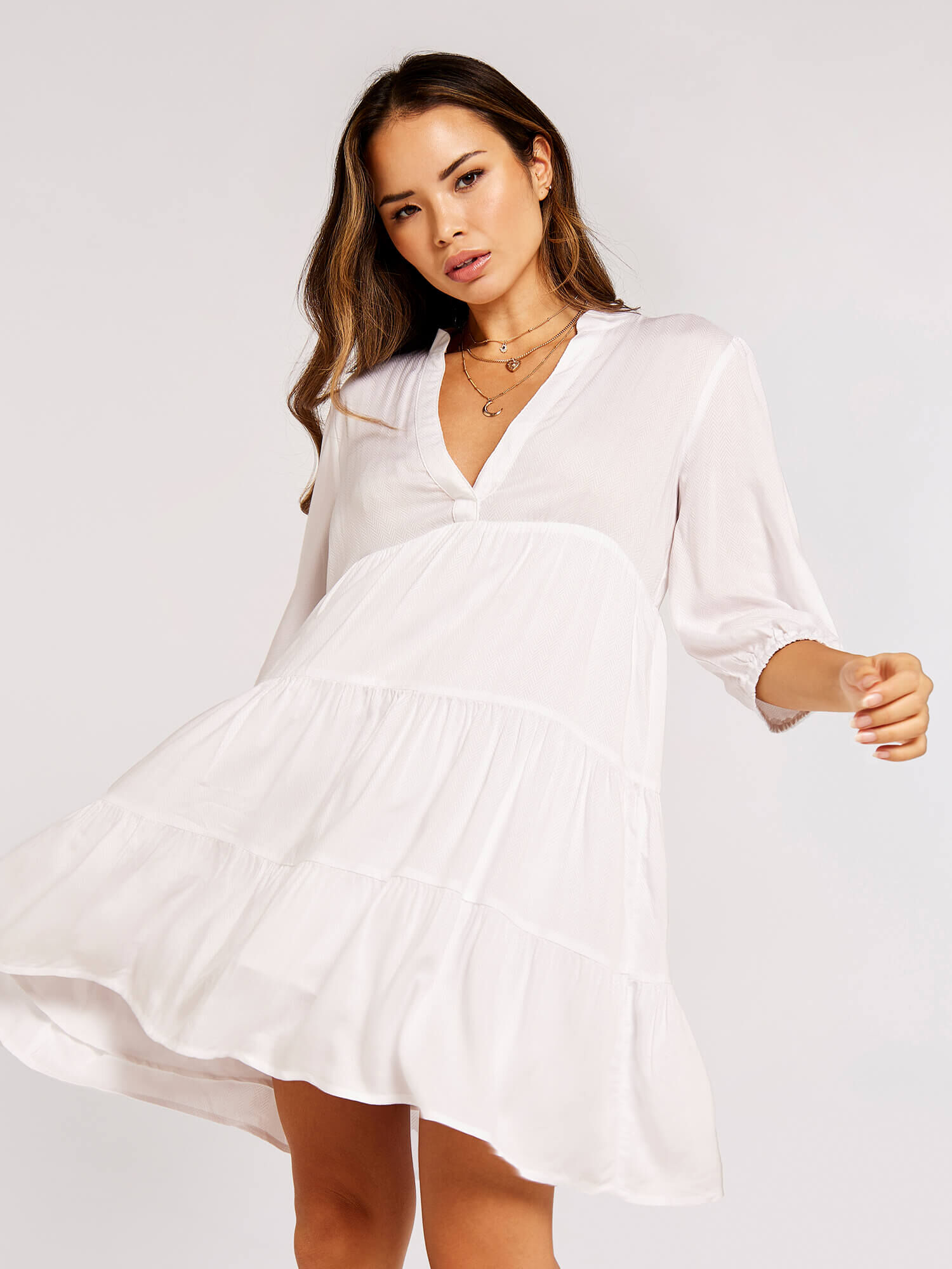 Herringbone Tiered Mini Dress Apricot Clothing