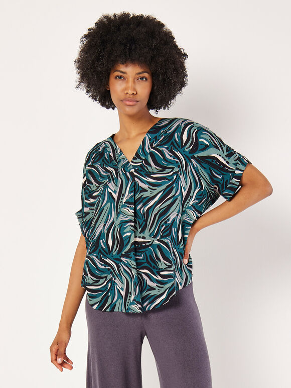 Abstract Print Pleat Blouse, Green, large