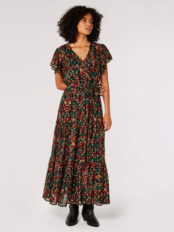 Ditsy Ikat Maxi Dress, Black, large