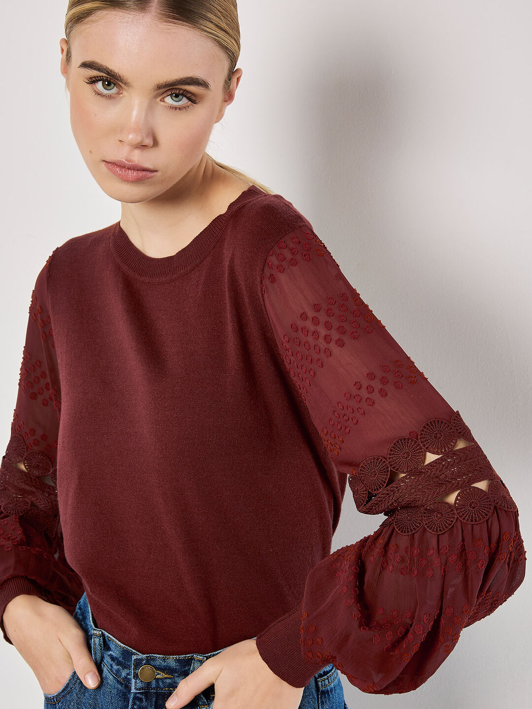 Apricot Women's Contrast Chiffon Sleeves Jumper in Burgundy | Size: 8