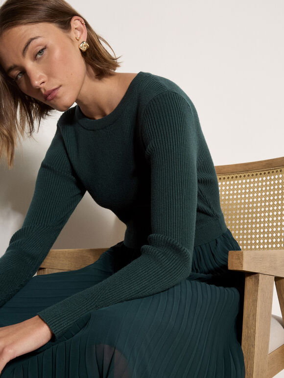 Ribbed Knit Midi Dress, Green, large