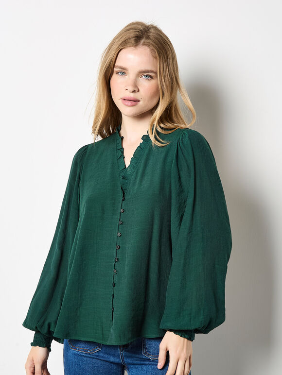 Ruffle Collar Blouse, Green, large