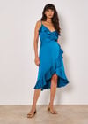 Ruffle Wrap Satin Midi Dress, Blue, large