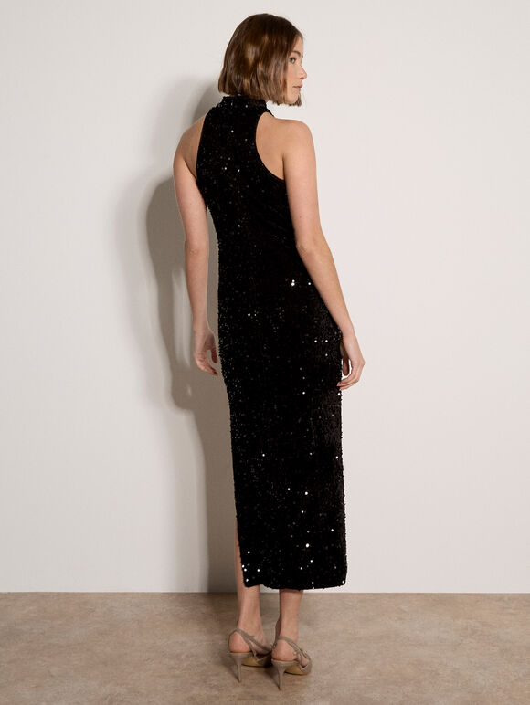 Velvet Sequin Halter Neck Maxi Dress, Black, large