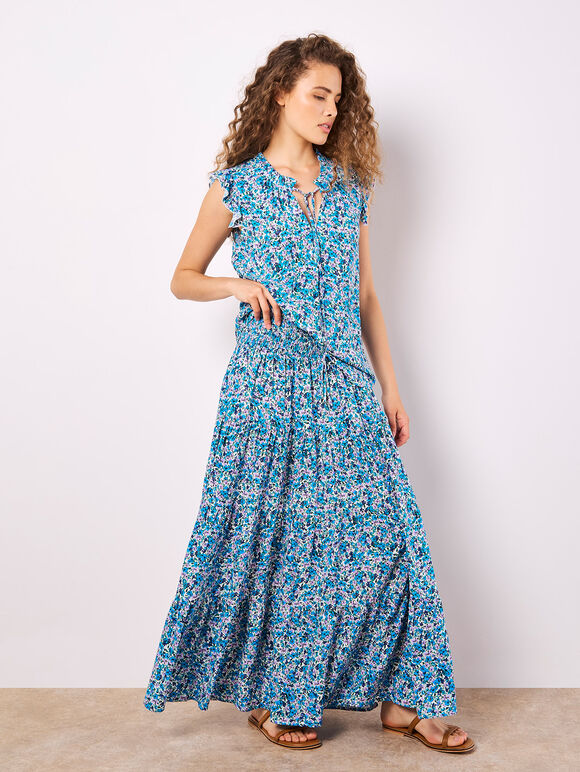Ditsy Floral Tiered Maxi Skirt, Cream, large