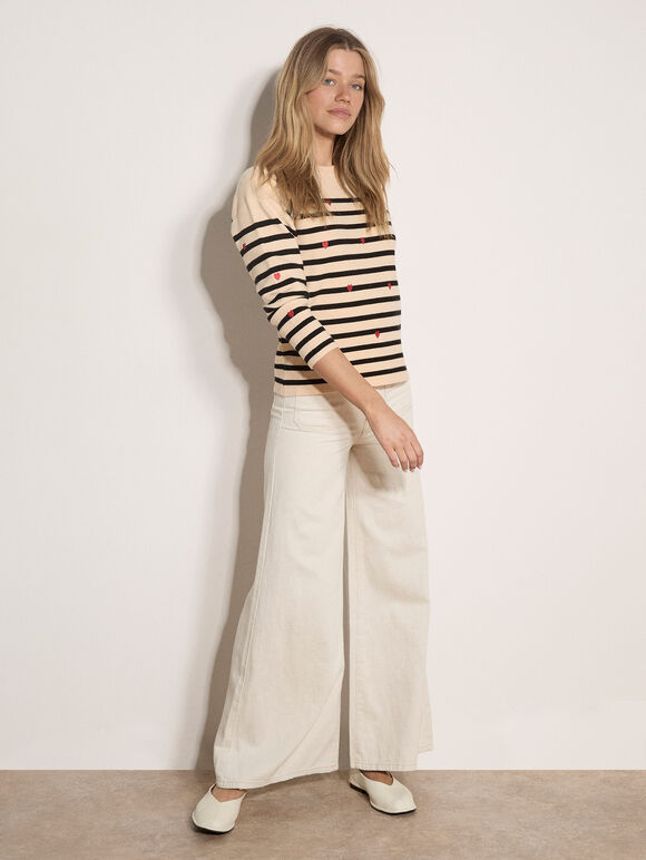 Heart Embroidered Stripe Jumper, Stone, large