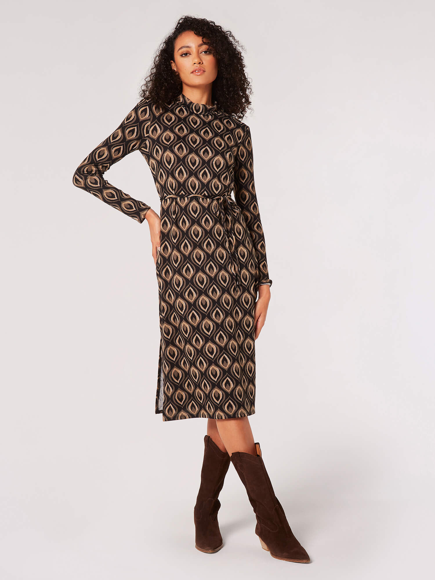 Peacock Print Knit Midi Dress Apricot Clothing