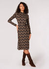 Geometric Leaves Knit Midi Dress, Black, large