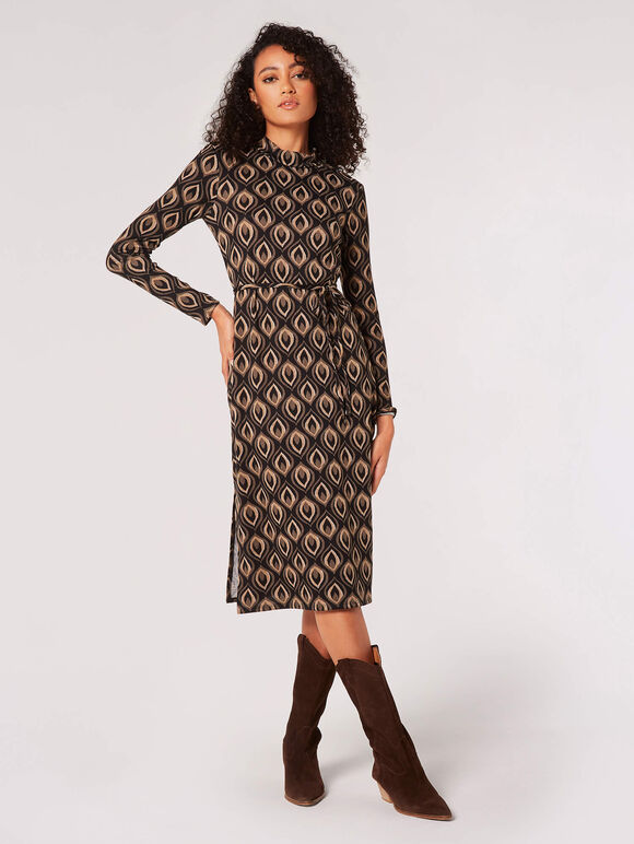 Geometric Leaves Knit Midi Dress, Black, large