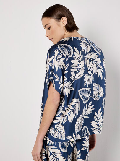 Tropical Leaf Print Satin T-Shirt
