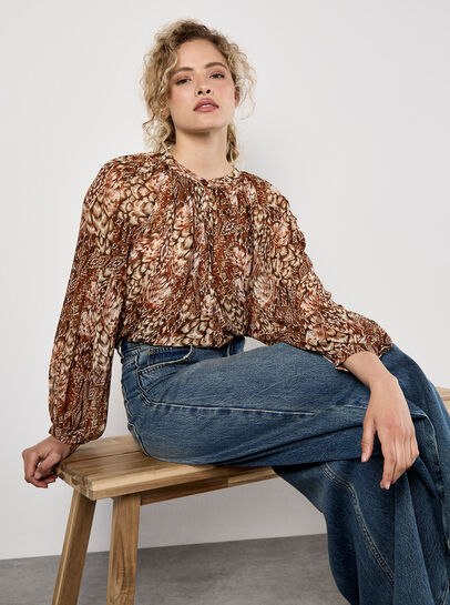 Patchwork Feather Print Chiffon Top