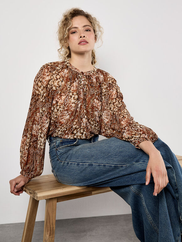 Patchwork Feather Print Chiffon Top, Red, large